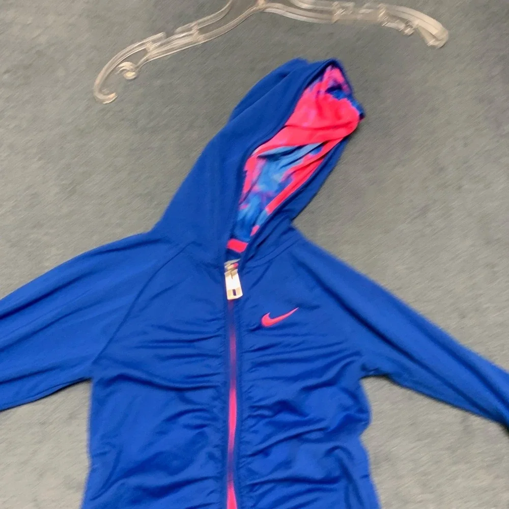 Nike Dri-Fit Full Zip Hoodie Girls 3T Blue Pink Swoosh Raglan Sleeve Activewear